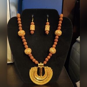 Gold and Brown Rudraksha Beaded Necklace and Earring Set